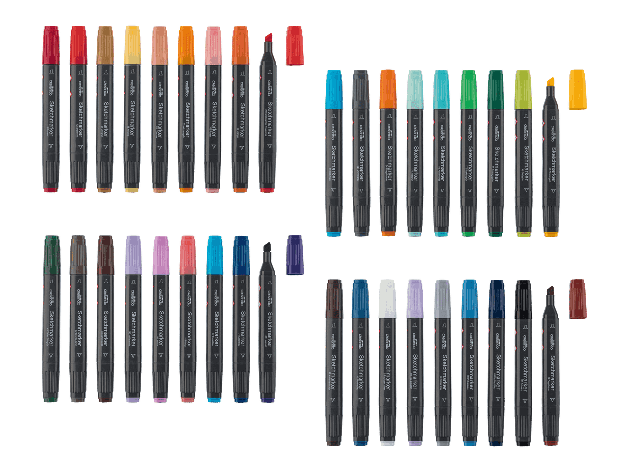 Valikoima Crelan-merkkisiä Sketchmarker-tusseja eri väreissä.