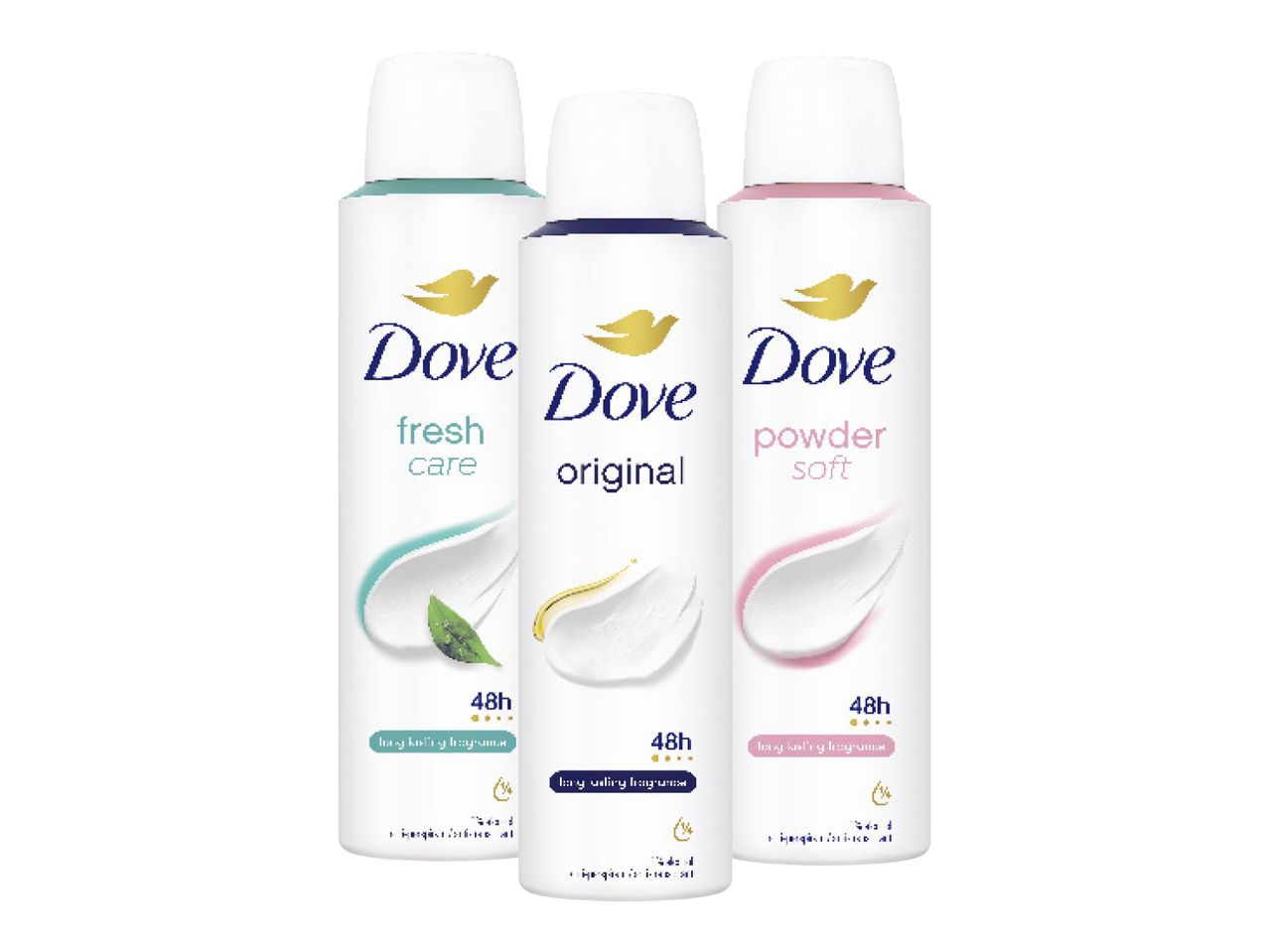 Tre deodoranti Dove: Fresh Care, Original e Powder Soft.