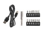 A USB rechargeable electric screwdriver with various interchangeable bits.
