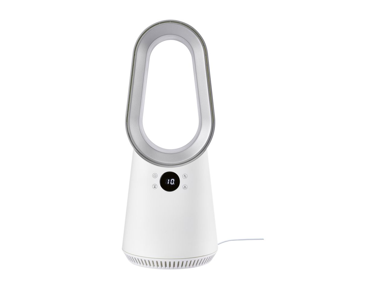 White, oval Dyson fan for tabletop use.