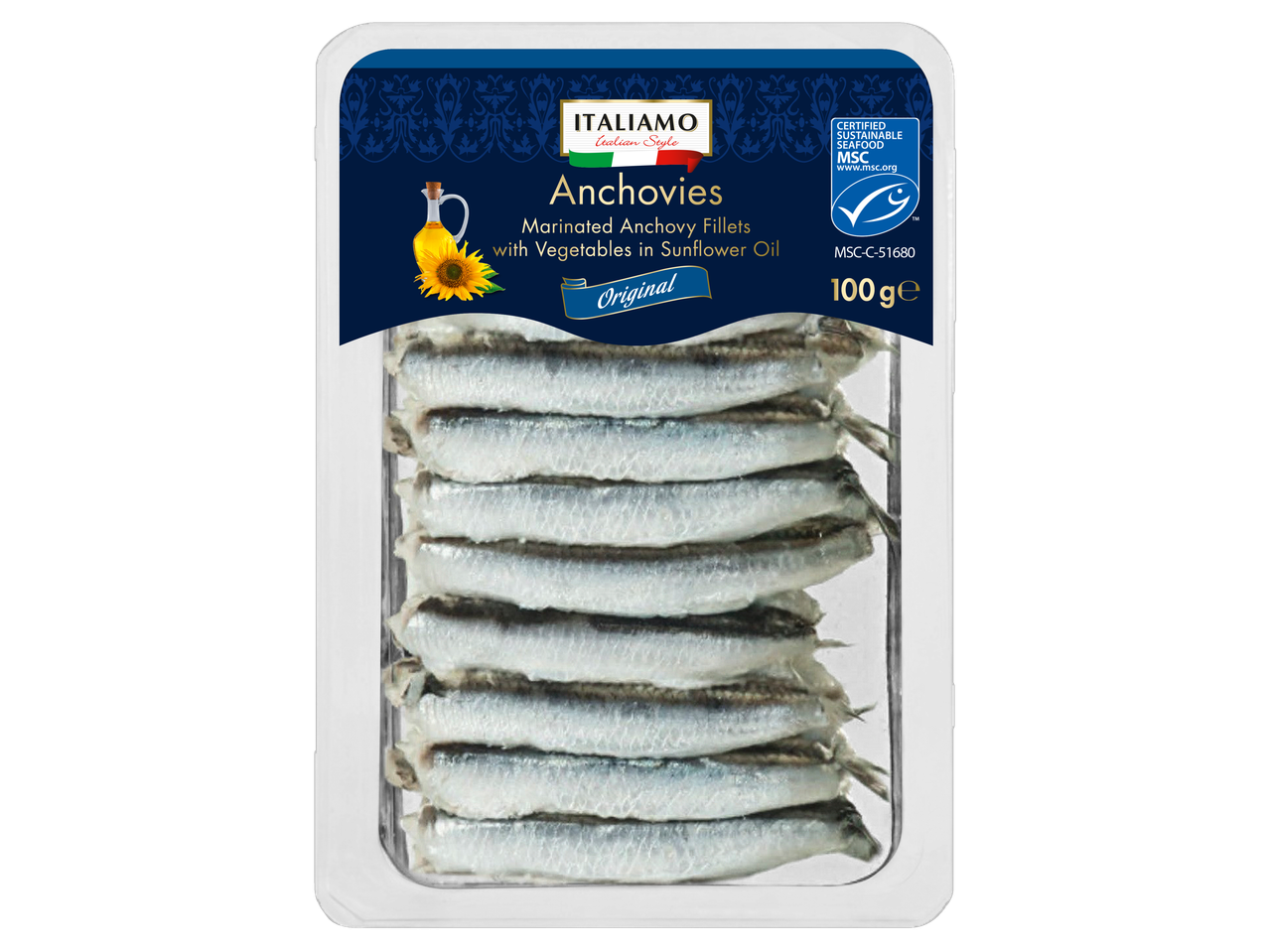 Italiano stiliaus marinuotai ančiuvių filė saulėgrąžų aliejuje; MSC sertifikuota.