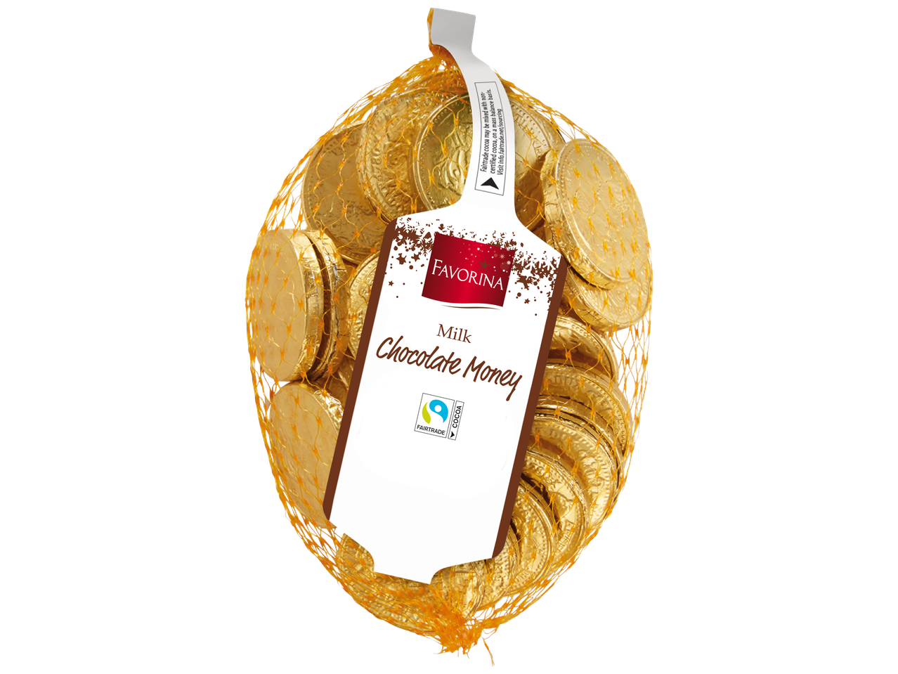 Võrkkott, mis on täidetud Favorina piimašokolaadi müntidega.