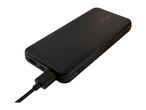 Black power bank with a charging cable plugged into its side, showing LED indicators.
