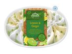 Lemon & Ginger ice cream with bourbon vanilla and lime flavoured sauce, frozen.