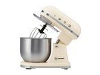 Retro-style cream stand mixer with a stainless steel bowl and whisk attachment