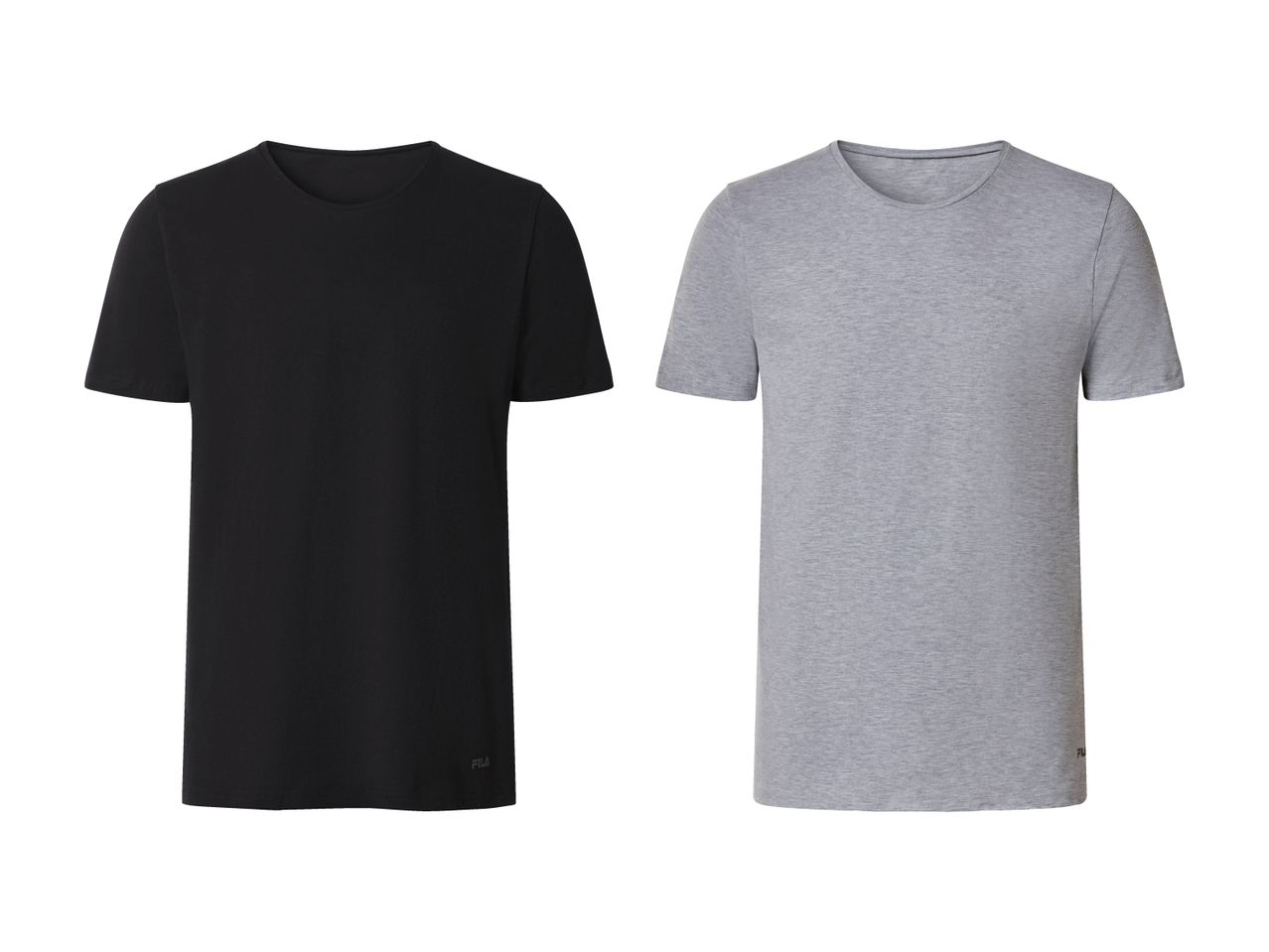 Zwei Fila T-Shirts mit kurzen Ärmeln, eines schwarz und eines grau.
