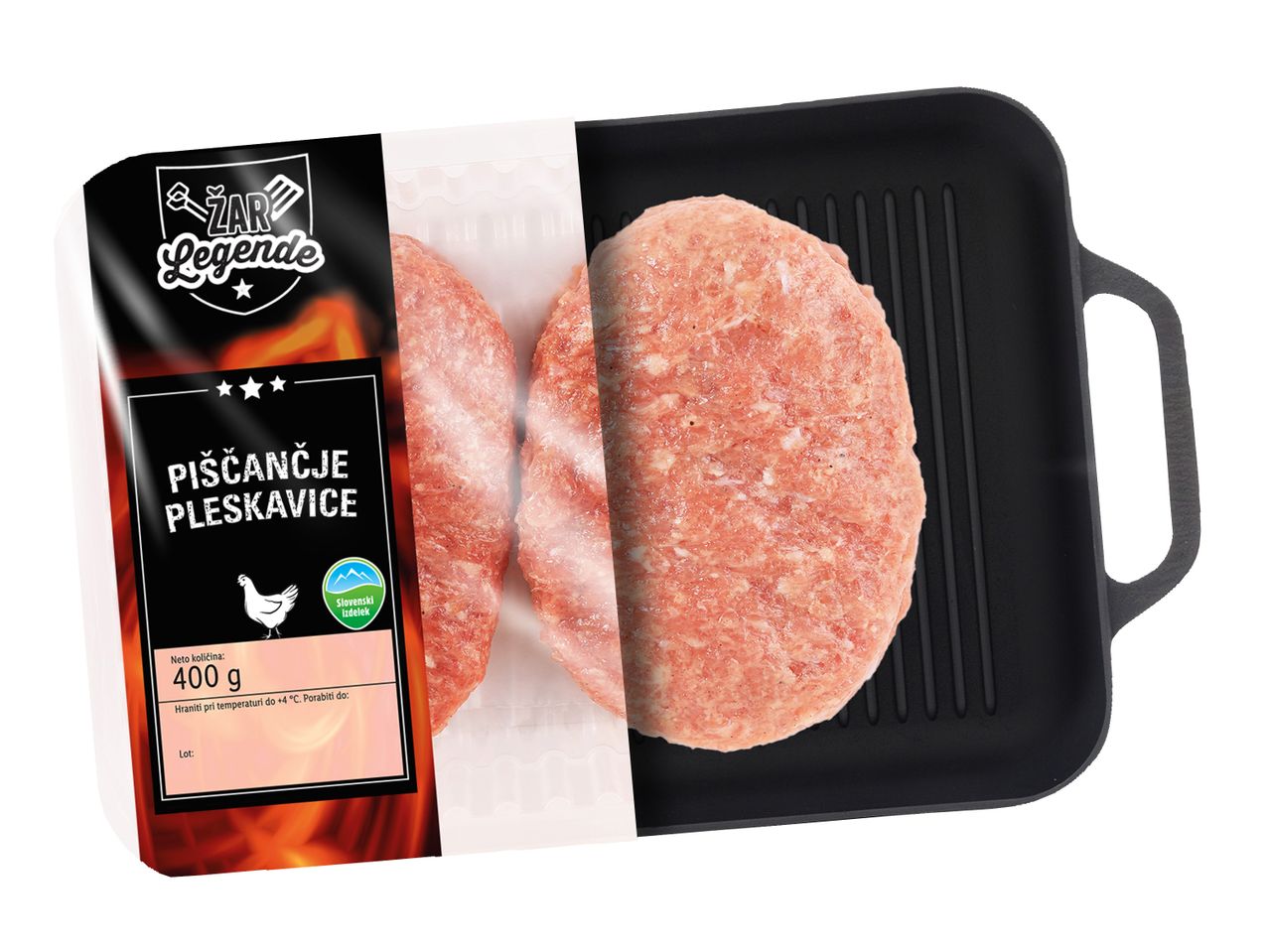 Pakiranje Žar Legende piščančjih pleskavic (400 g) na črni žar ponvi.
