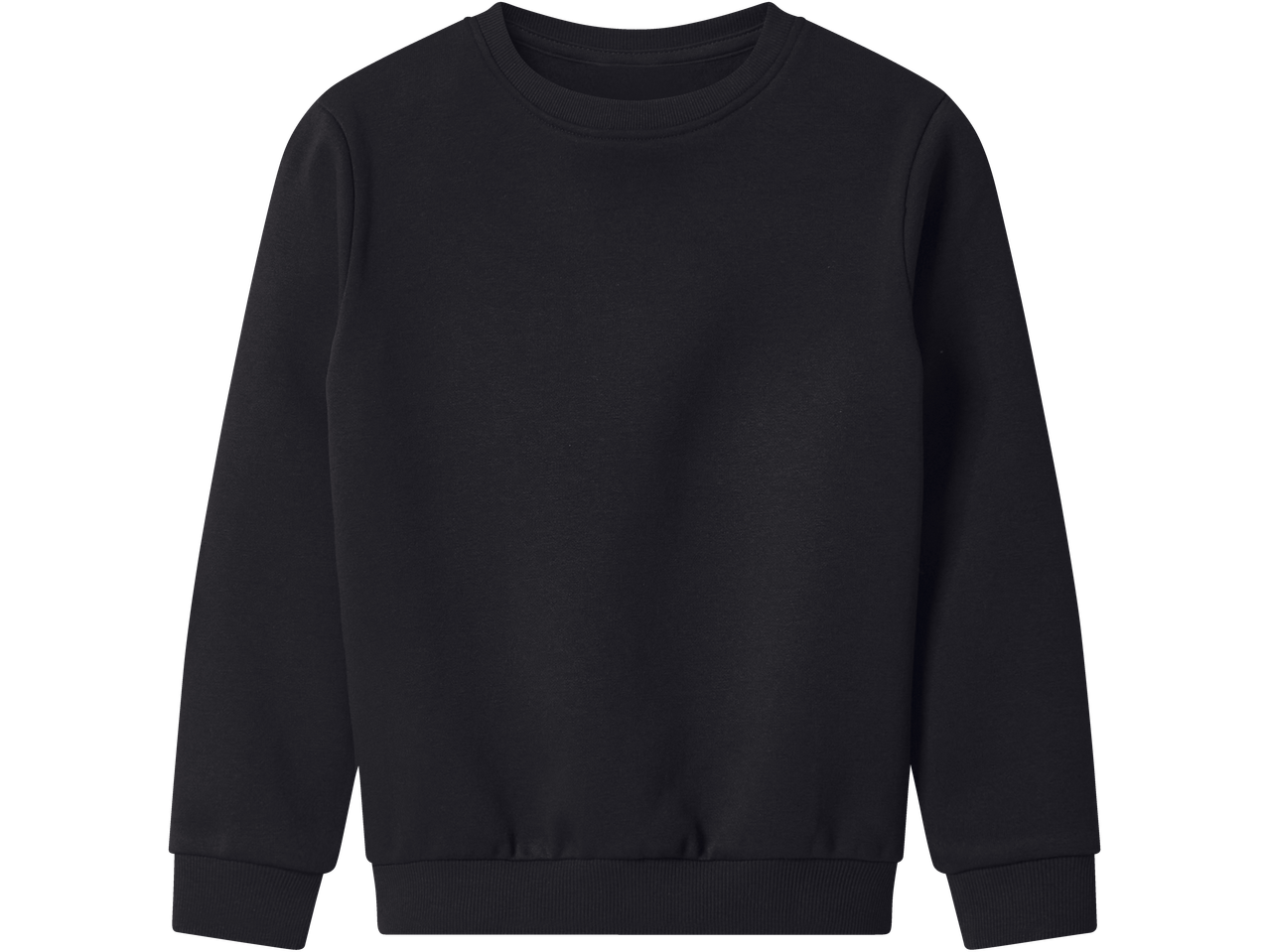 Plain black kids' sweatshirt with ribbed collar, cuffs, and hem