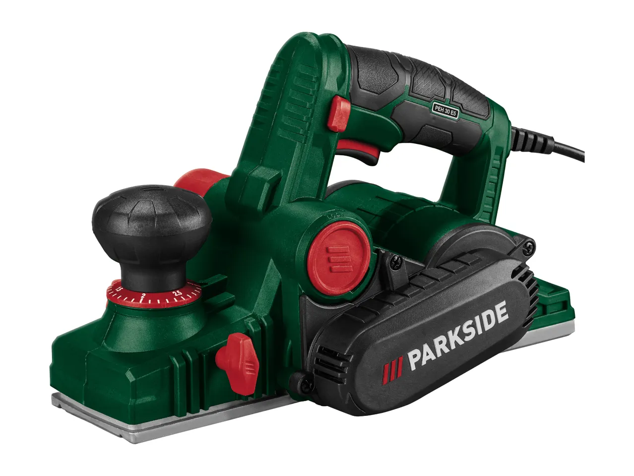 Green and black electric planer with red accents and a depth adjustment knob.