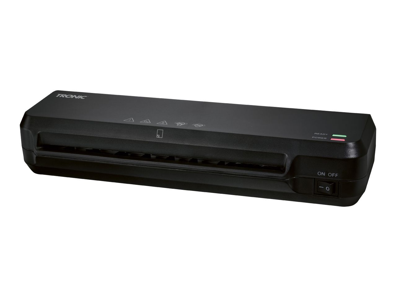 Tronic laminator in black with power and ready indicator lights and an on/off switch.