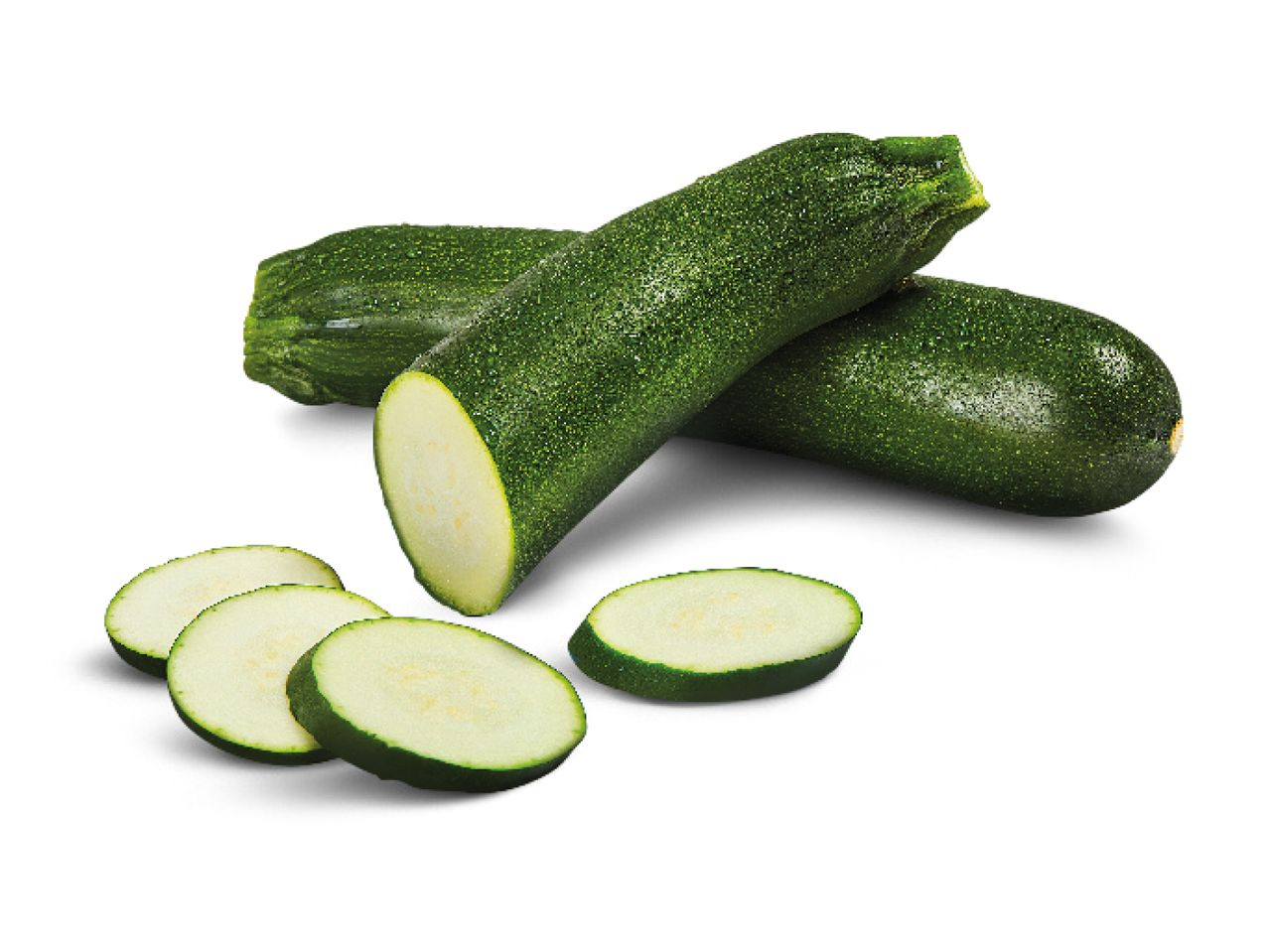 Fresh green courgette, one sliced and two whole, on a white background.