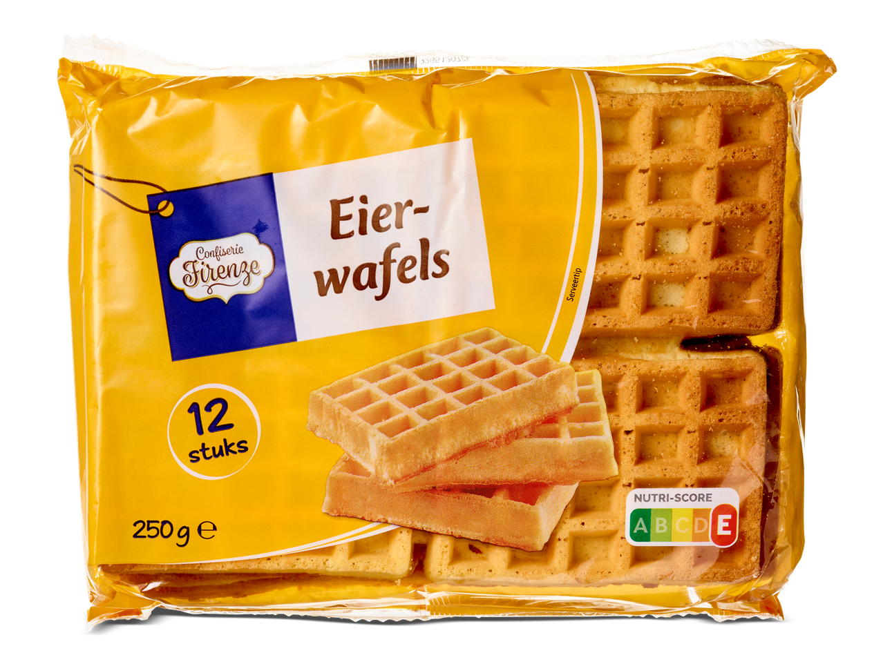 Een verpakking eierwafels van 250 gram met 12 stuks.