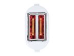 Top view of a white two-slice toaster with glowing red heating elements and toast inside.