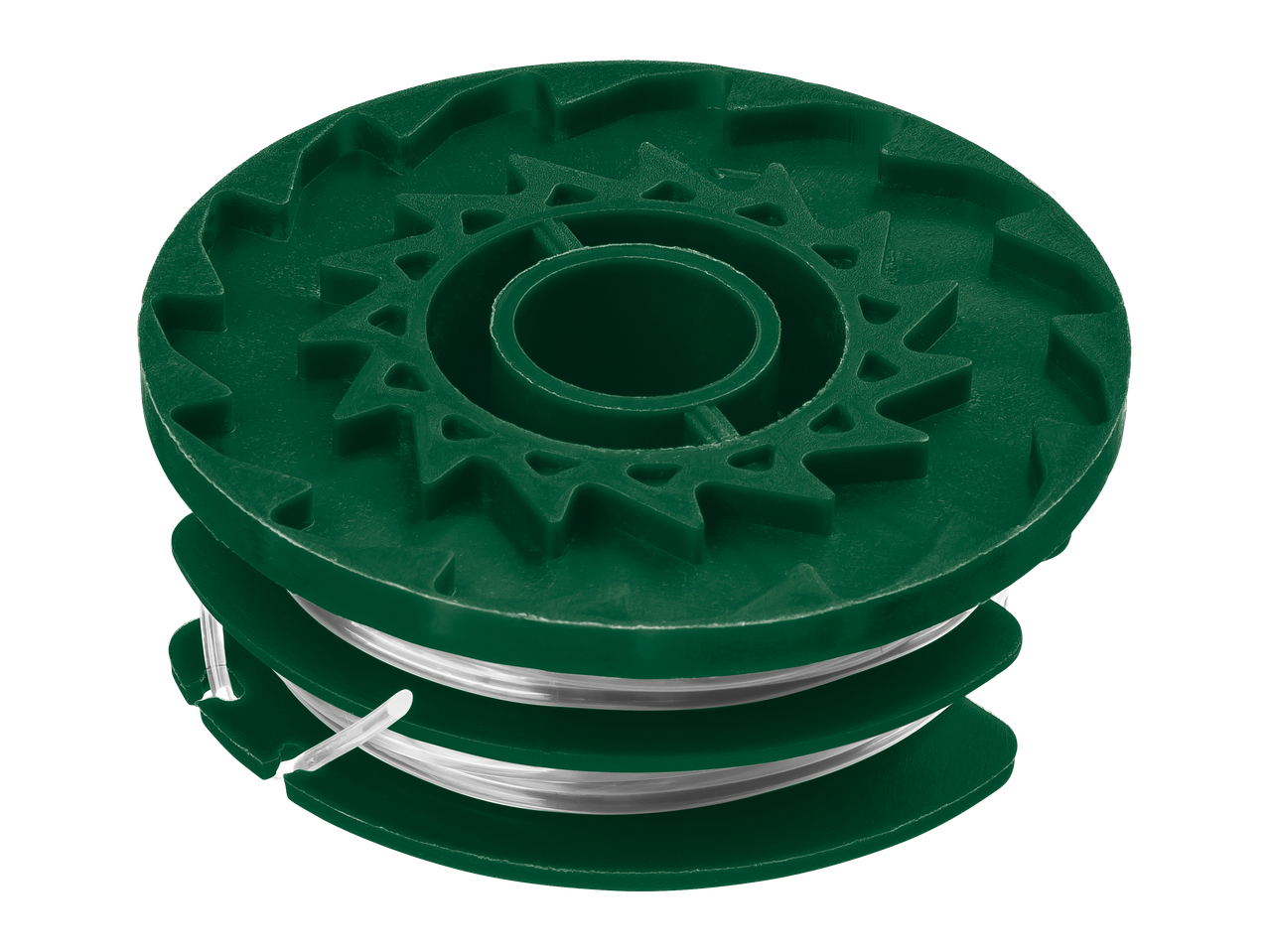 Bobine de fil de coupe-bordure verte avec fil blanc enroulé.