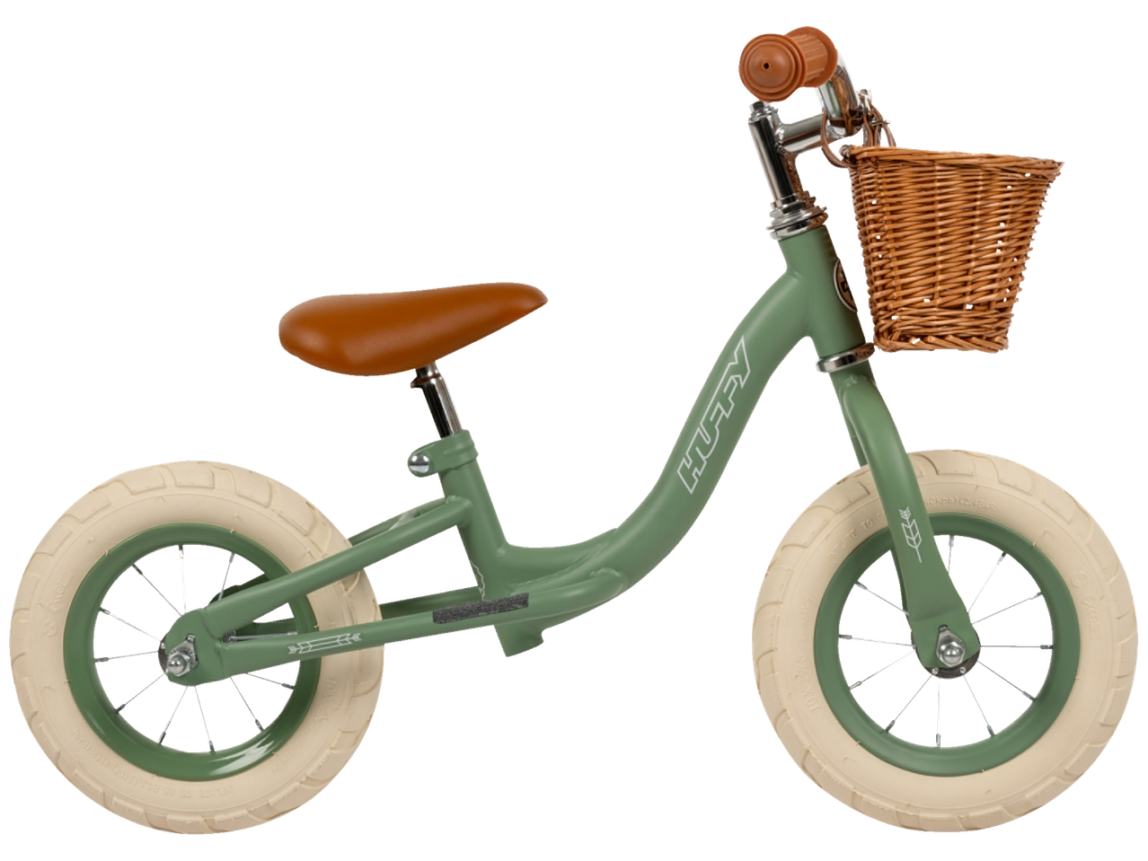 Huffy ravnotežni bicikl, menta zelena boja s pletenom košarom.