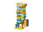 Colorful stacking blocks with dinosaur illustrations, forming a tall tower.