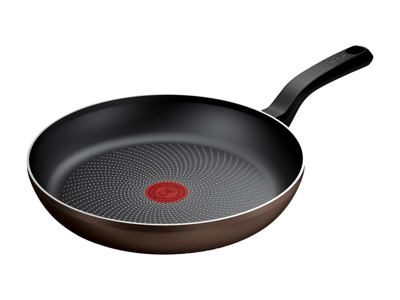 Tefal frying pan with a black non-stick interior and a brown exterior, featuring a red Thermo-Signal dot.