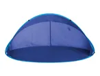 A blue pop-up beach tent is shown open, ready for use.