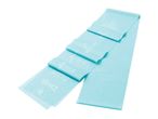 A light blue resistance band with exercise illustrations and product information printed on it.