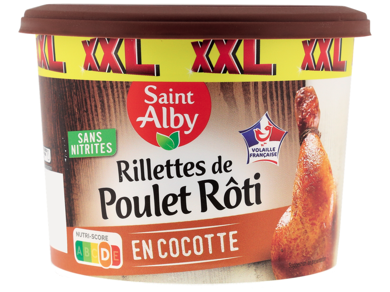 Rillettes de poulet rôti en cocotte, sans nitrites, avec Nutri-Score A et volaille française.