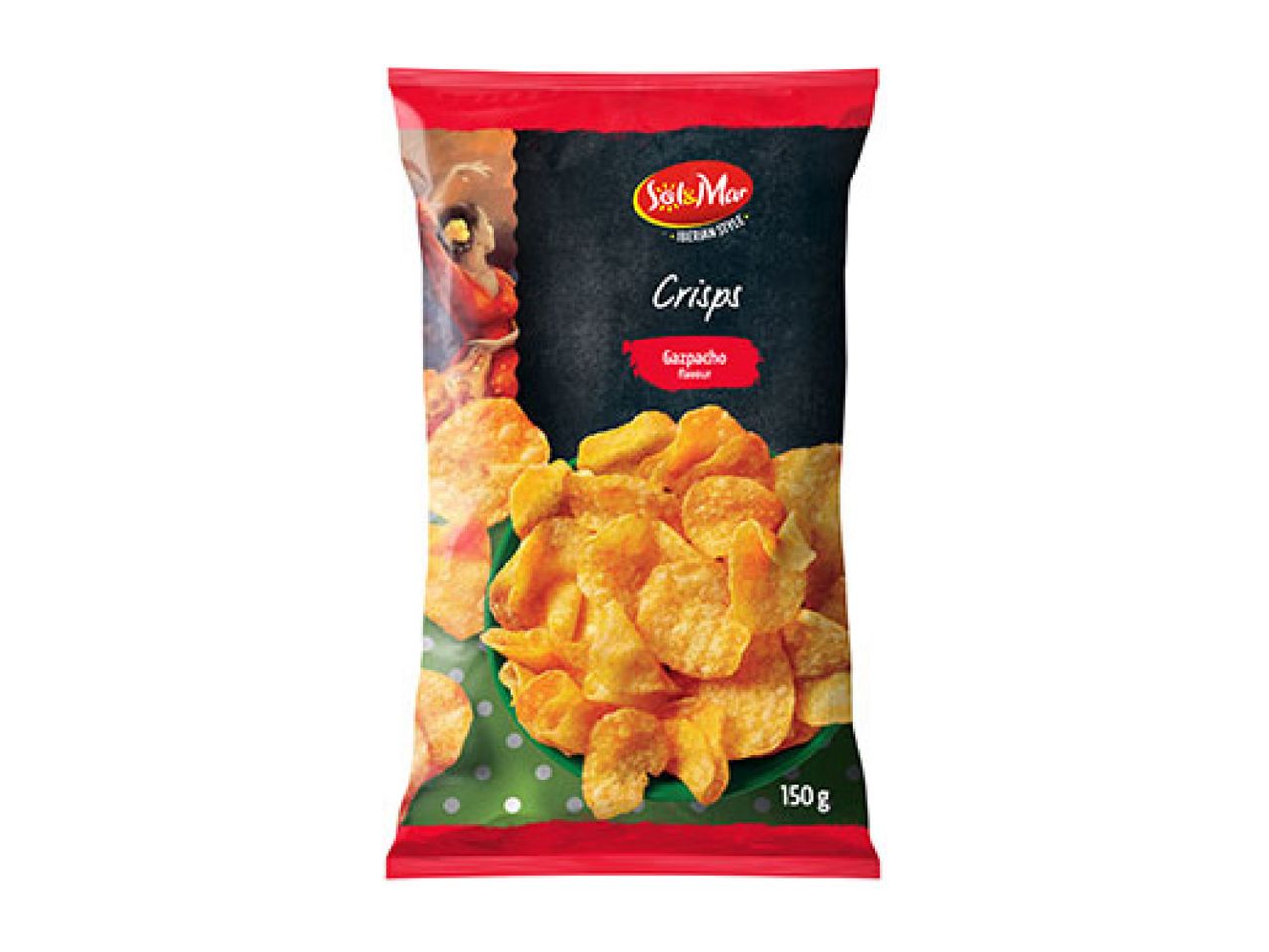 A bag of crisps with a gazpacho flavor, featuring a Spanish dancer and a bowl of crisps.