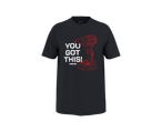 Fekete póló piros körfűrésszel és 'YOU GOT THIS!' felirattal.