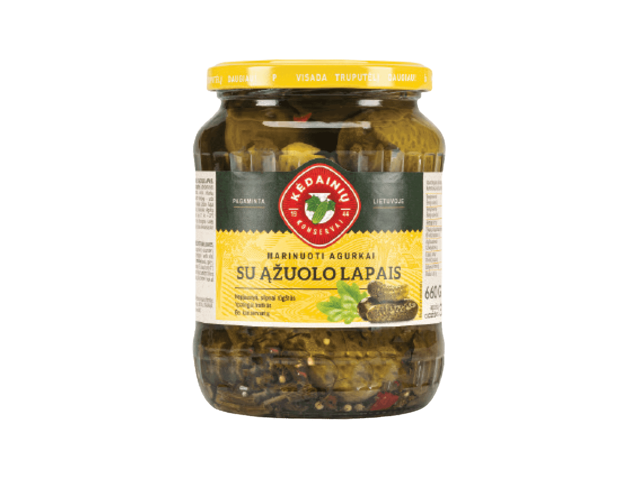 Kėdainių konservų marinuoti agurkai su ąžuolo lapais stiklainyje.