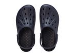 A pair of dark blue clogs with ventilation holes and textured insoles, viewed from above.