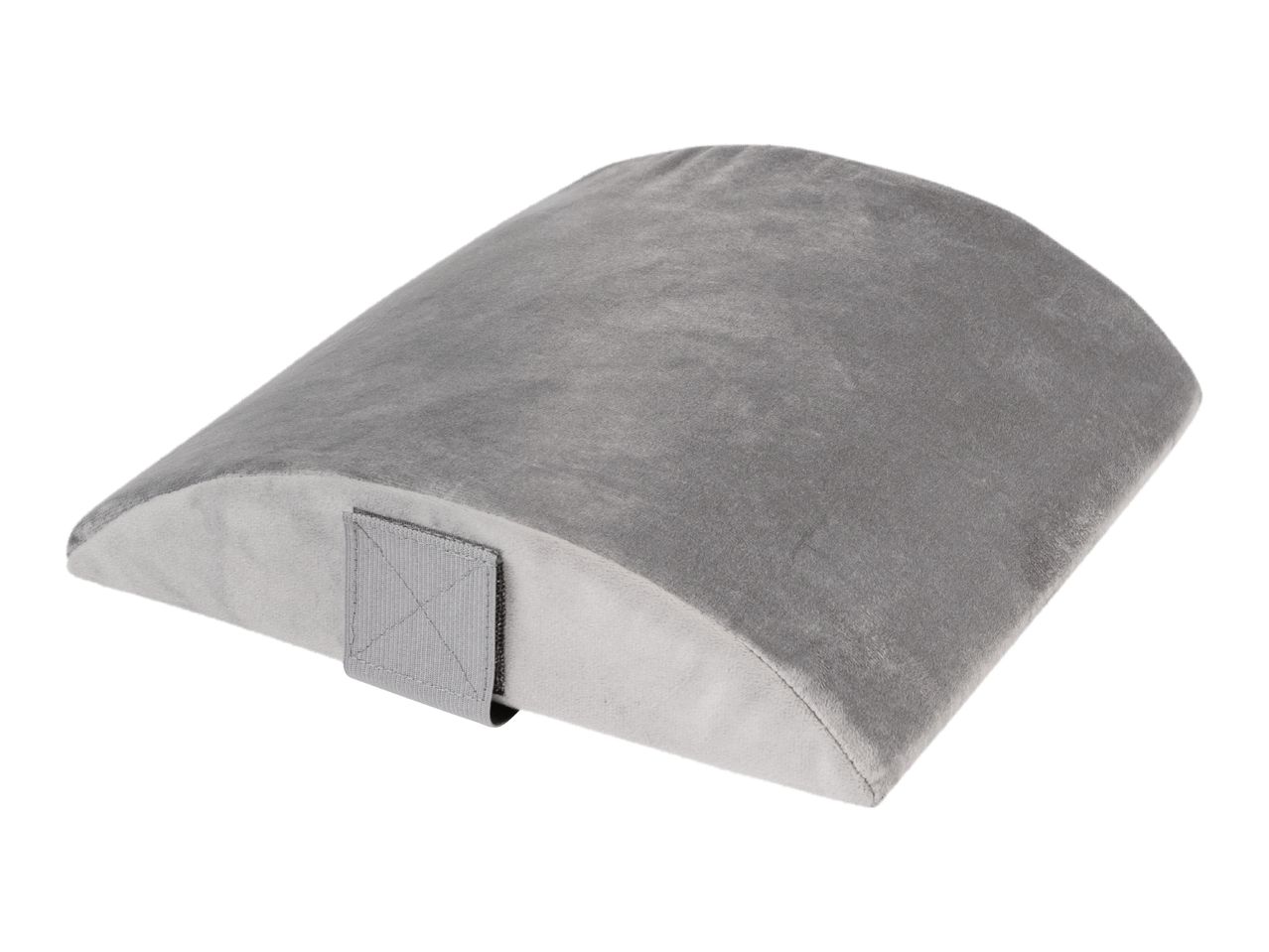 Gray lumbar support pillow with a strap on a white background.