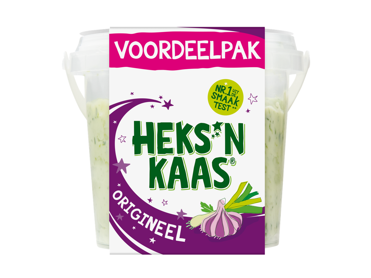 Twee transparante emmers met een romige dip, met een paars-wit etiket met de tekst 'VOORDEELPAK' en 'HEKS'N KAAS ORIGINEEL'.