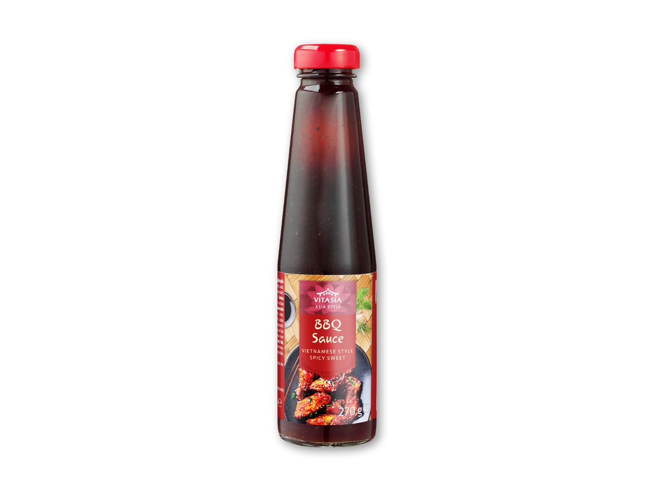 En flaske vietnamesisk BBQ-sauce med en rød etiket, der viser krydret søde kyllingevinger.