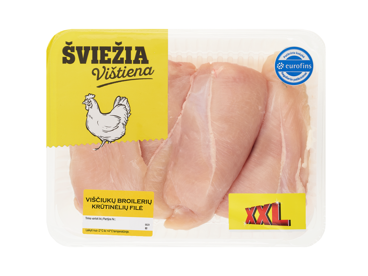 XXL vištienos krūtinėlės filė pakuotė, Eurofins kokybės kontrolė.