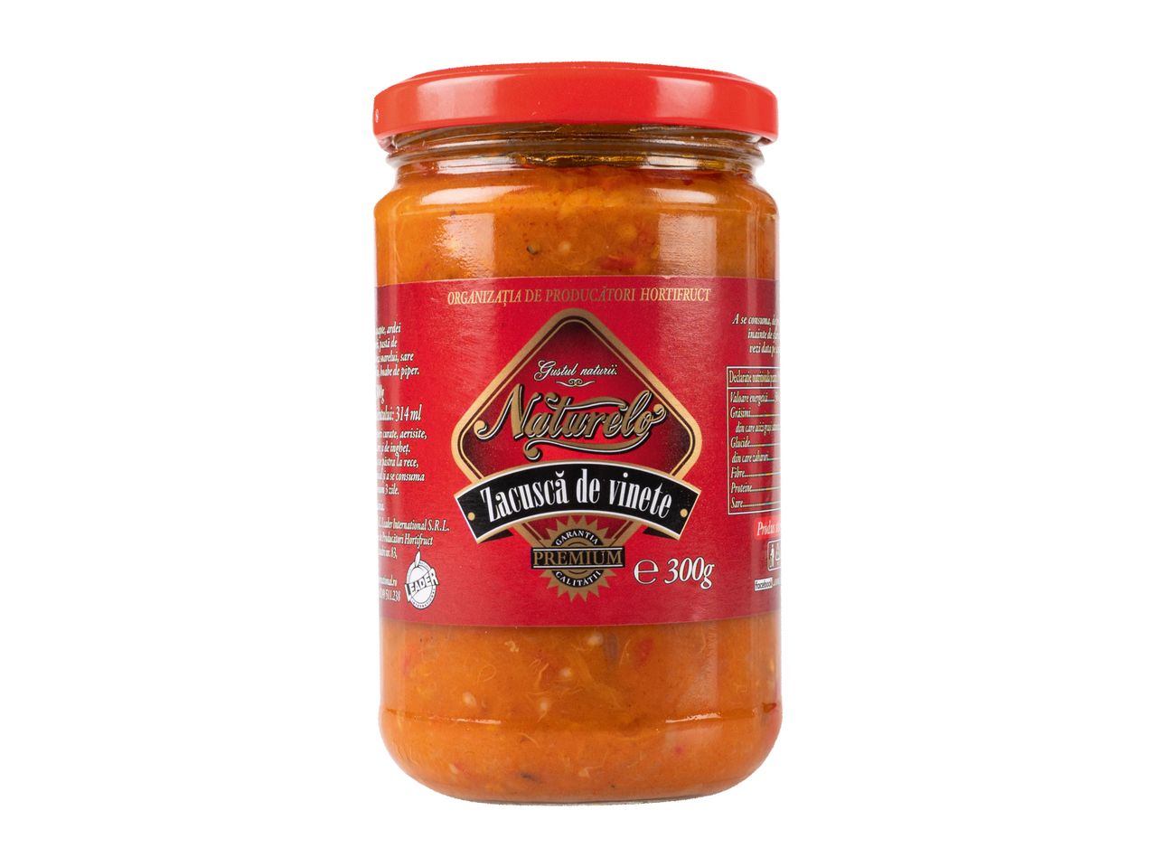 Borcan de zacuscă de vinete Naturelo, 300g, cu etichetă roșie și capac roșu.