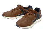 Pair of brown and navy blue men's sneakers with white soles and brown laces.