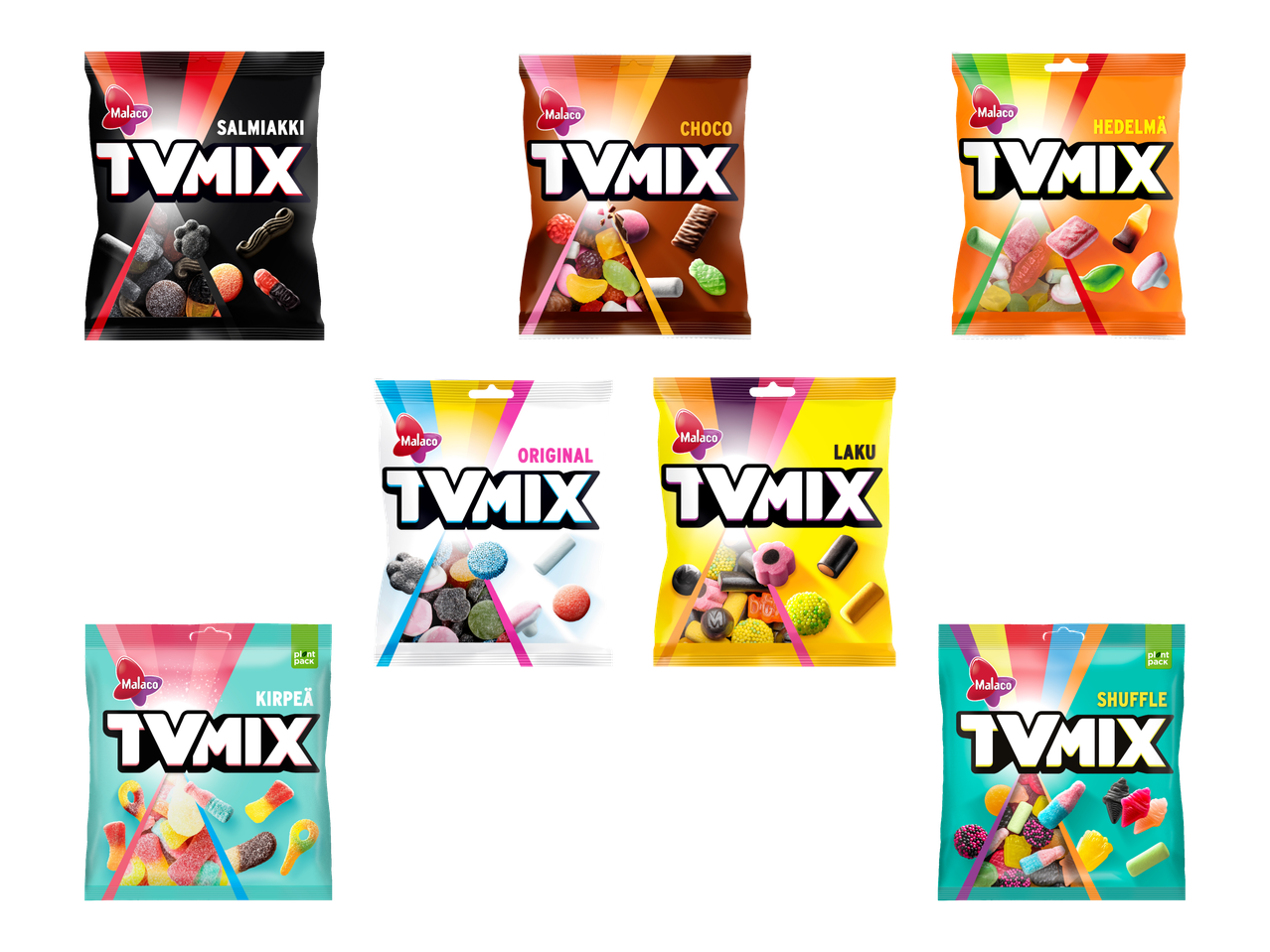 Seitsemän pussia Malaco TVMIX -makeisia, joissa on eri makuja, kuten salmiakki, suklaa ja hedelmä.