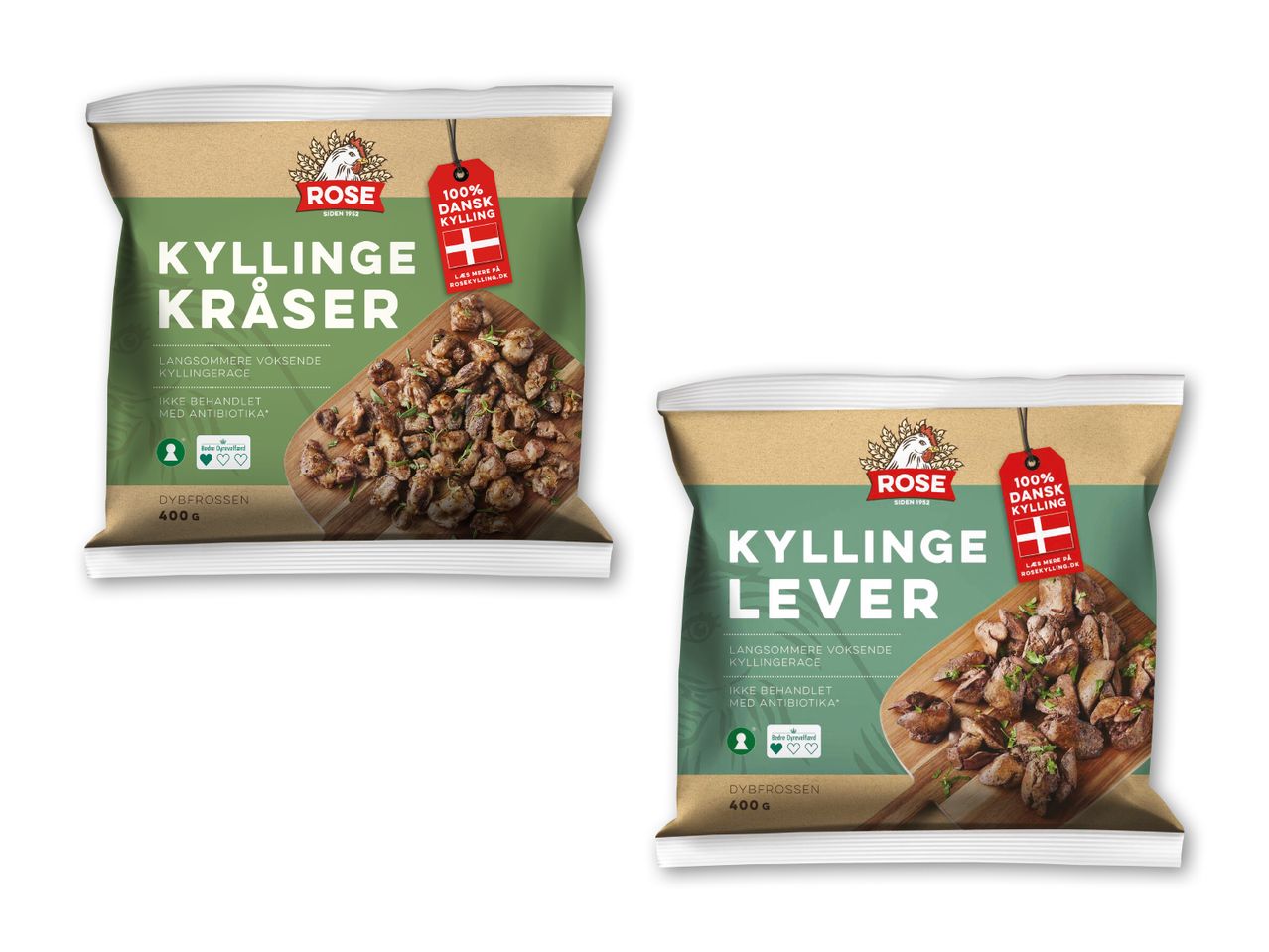 To poser Rose kylling: kyllingekråser og kyllingelever, begge 400g, 100% dansk kylling.