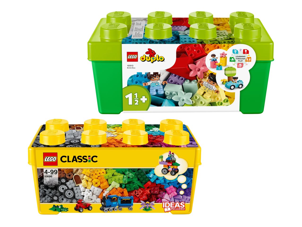 Zwei LEGO Duplo und Classic Bausteinboxen mit bunten Steinen und Figuren.