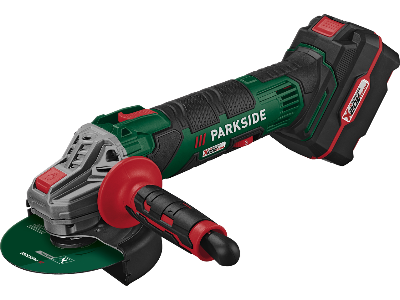 20V cordless angle grinder with a green cutting disc and red handle