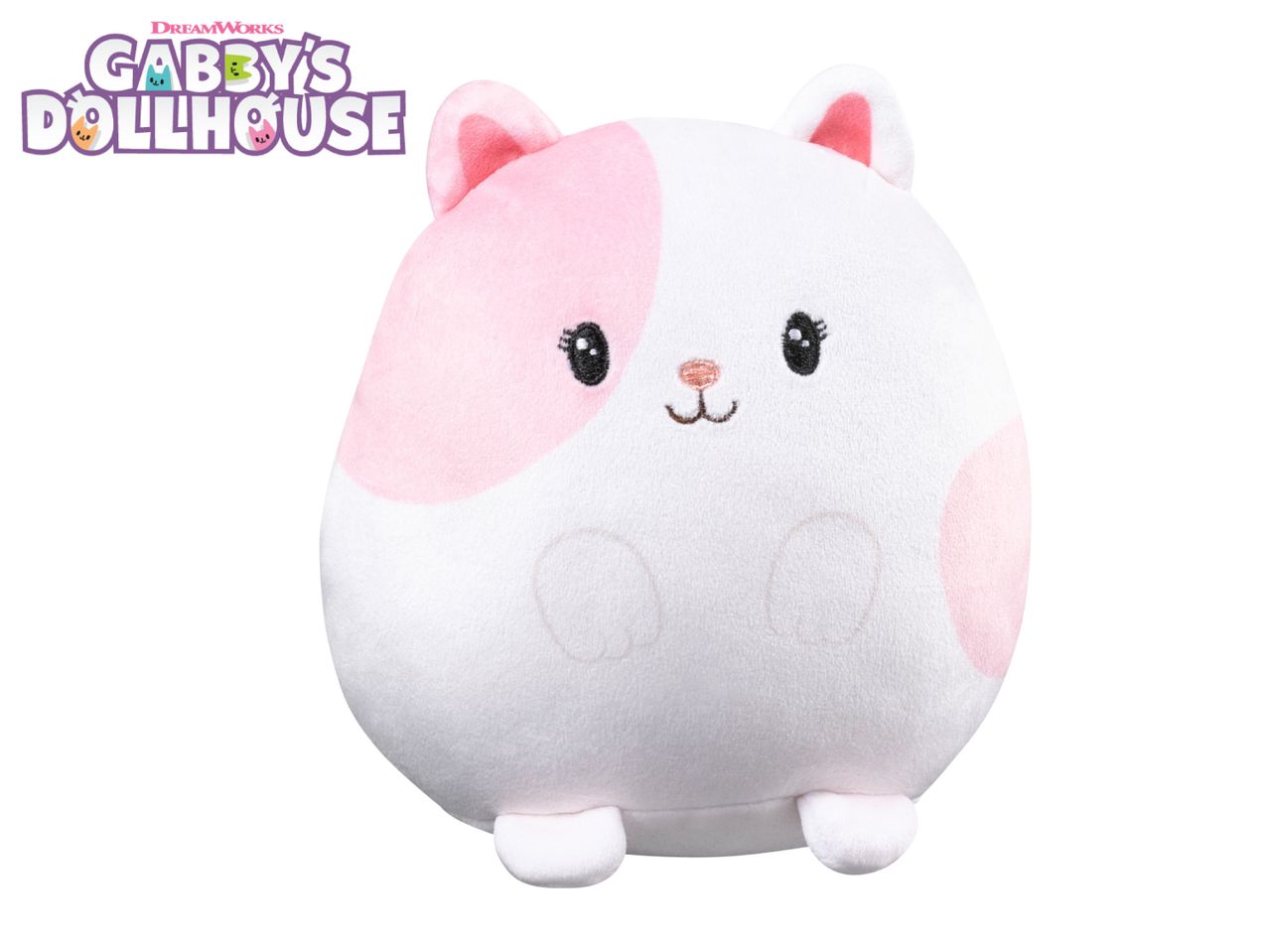 Gabby's Dollhouse plush toy, a white and pink cat with embroidered features.