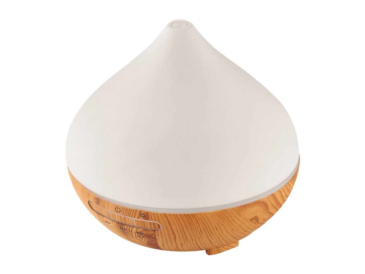 A white ceramic essential oil diffuser with a wooden base.