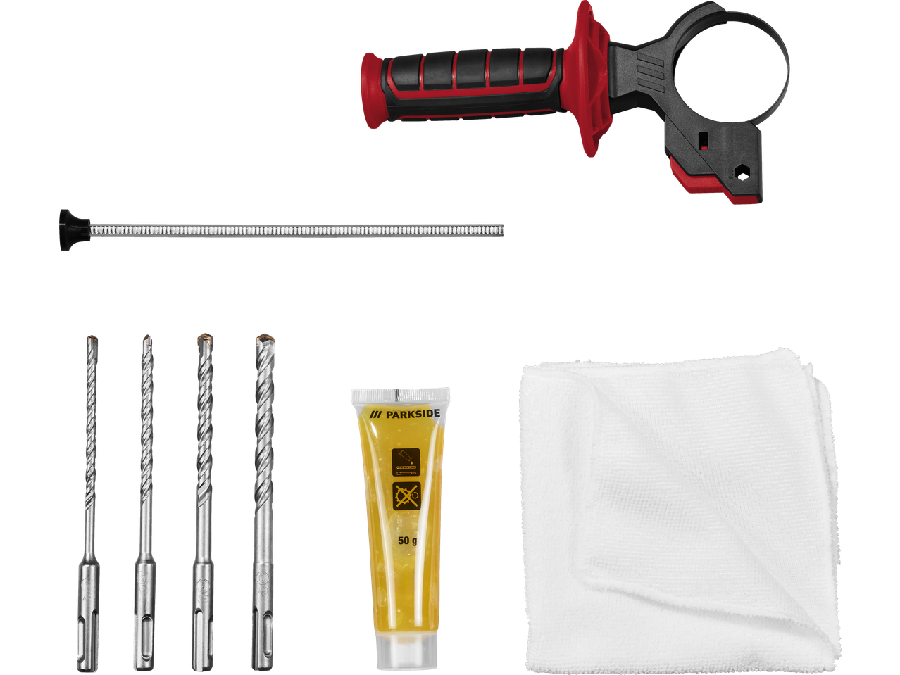 PARKSIDE PERFORMANCE fúrókalapács tartozékok: markolat, fúrófejek, zsír és kendő.