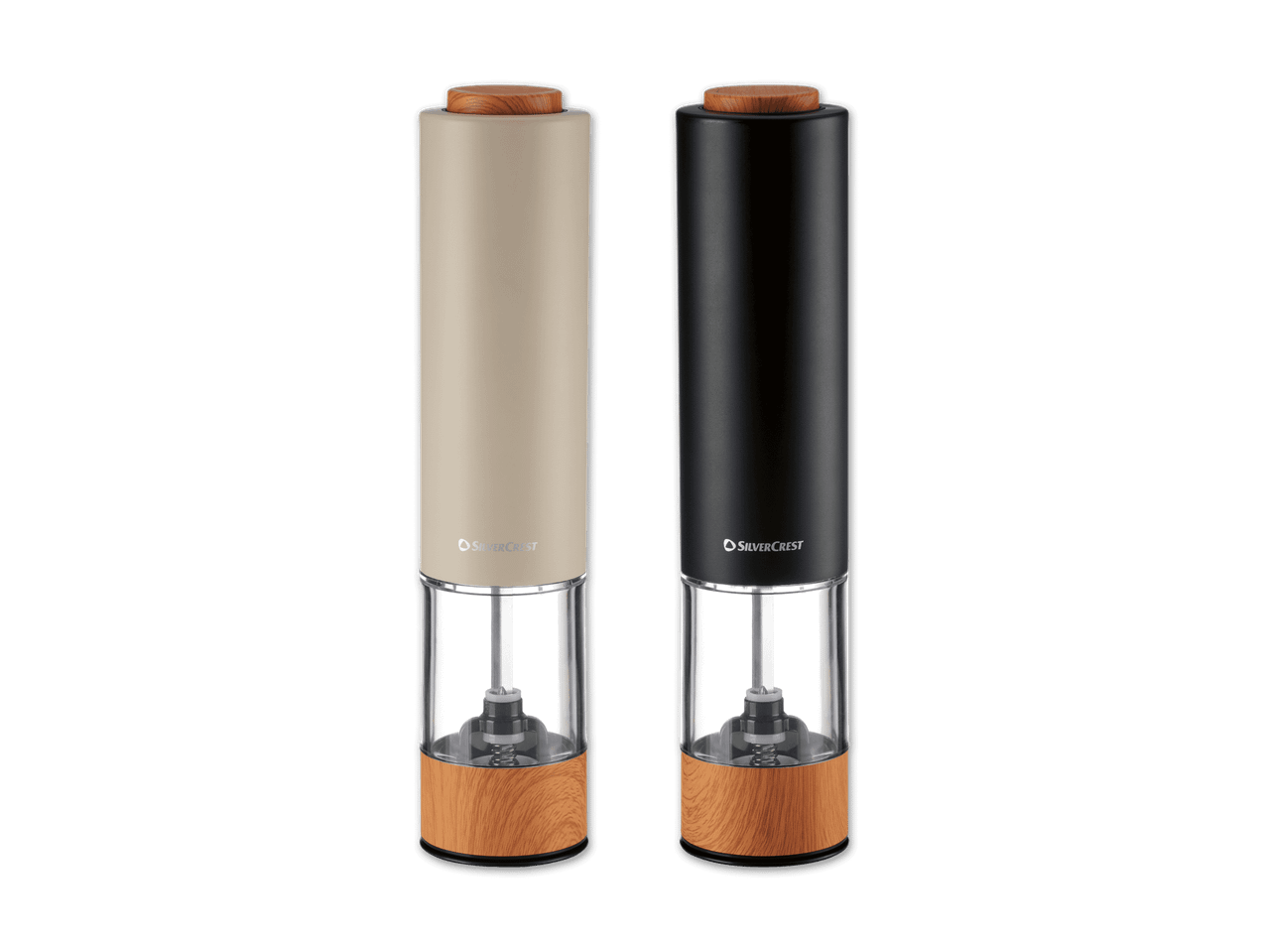 Zwei elektrische Salz- und Pfeffermühlen in Beige und Schwarz mit Holzdetails.