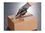 Hand in protective glove opening a cardboard box with a utility knife.