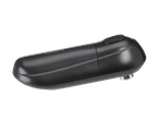 Black electric can opener with a button on top, angled on a black background.