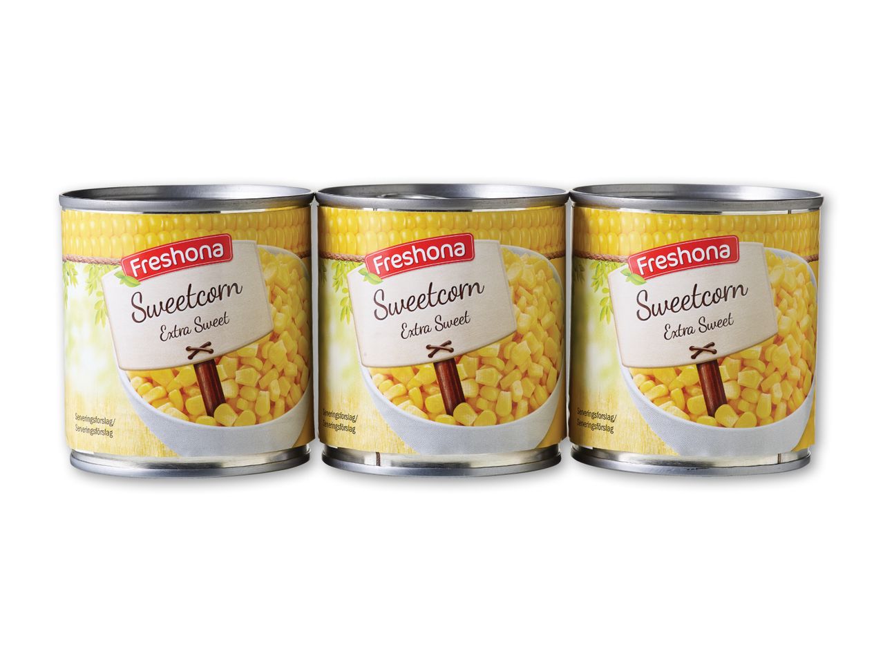 Tre dåser Freshona Sweetcorn, ekstra sød majs.