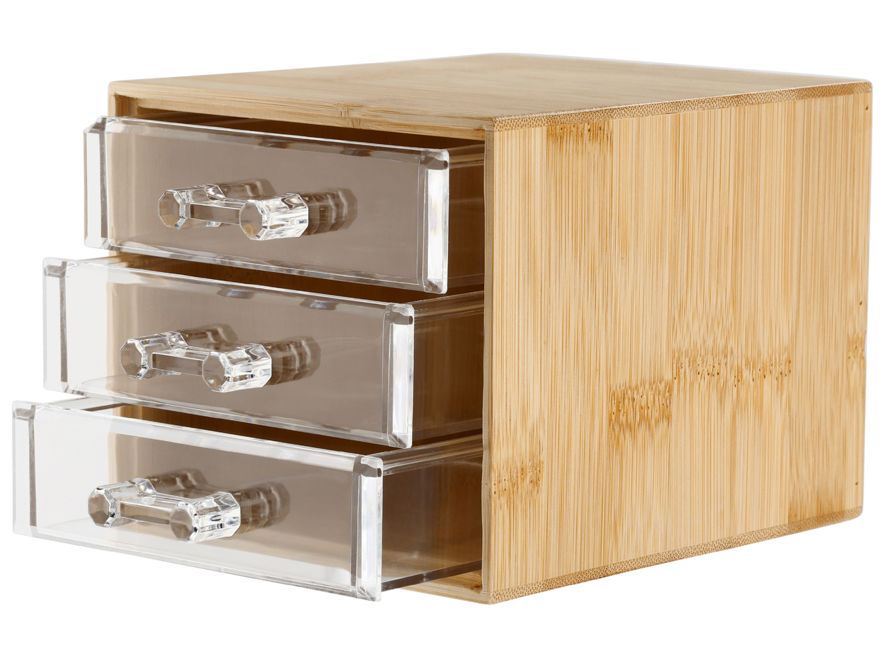 Бамбуков органайзер с три прозрачни чекмеджета и кристални дръжки.