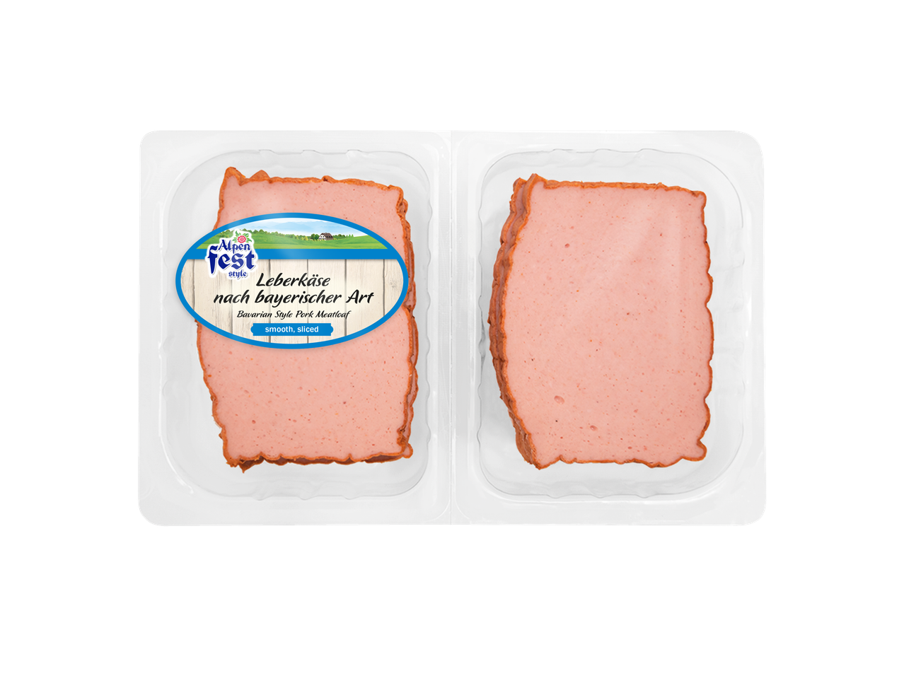 Alpen Fest Leberkäse, două felii ambalate.