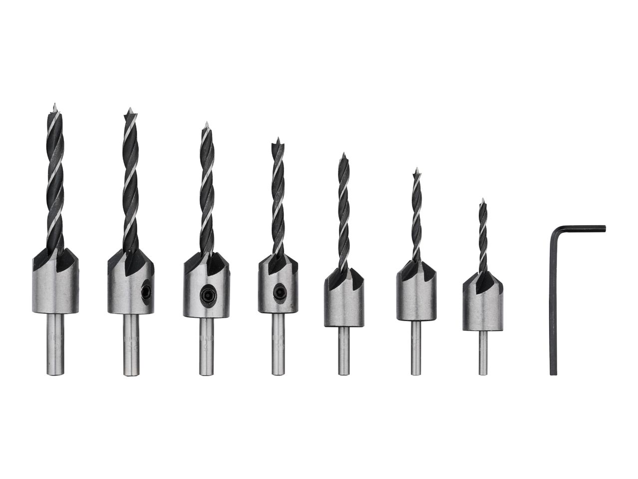 Set of seven countersink drill bits with an L-shaped hex key.