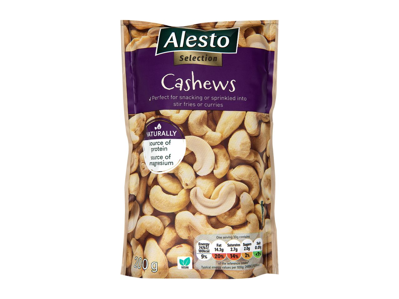 A bag of cashews, highlighting their natural protein and magnesium content, with nutritional information.