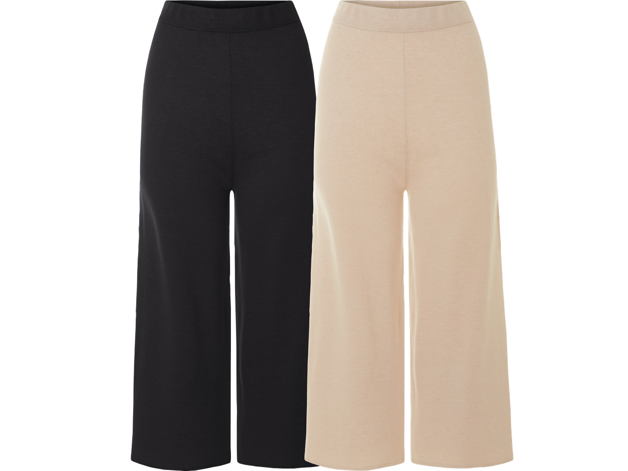 Två par vida byxor i svart och beige.